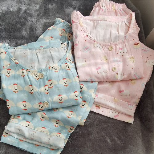纯棉双层纱布可爱卡通童趣全棉婴儿棉睡衣长袖长裤圆领家居服套装