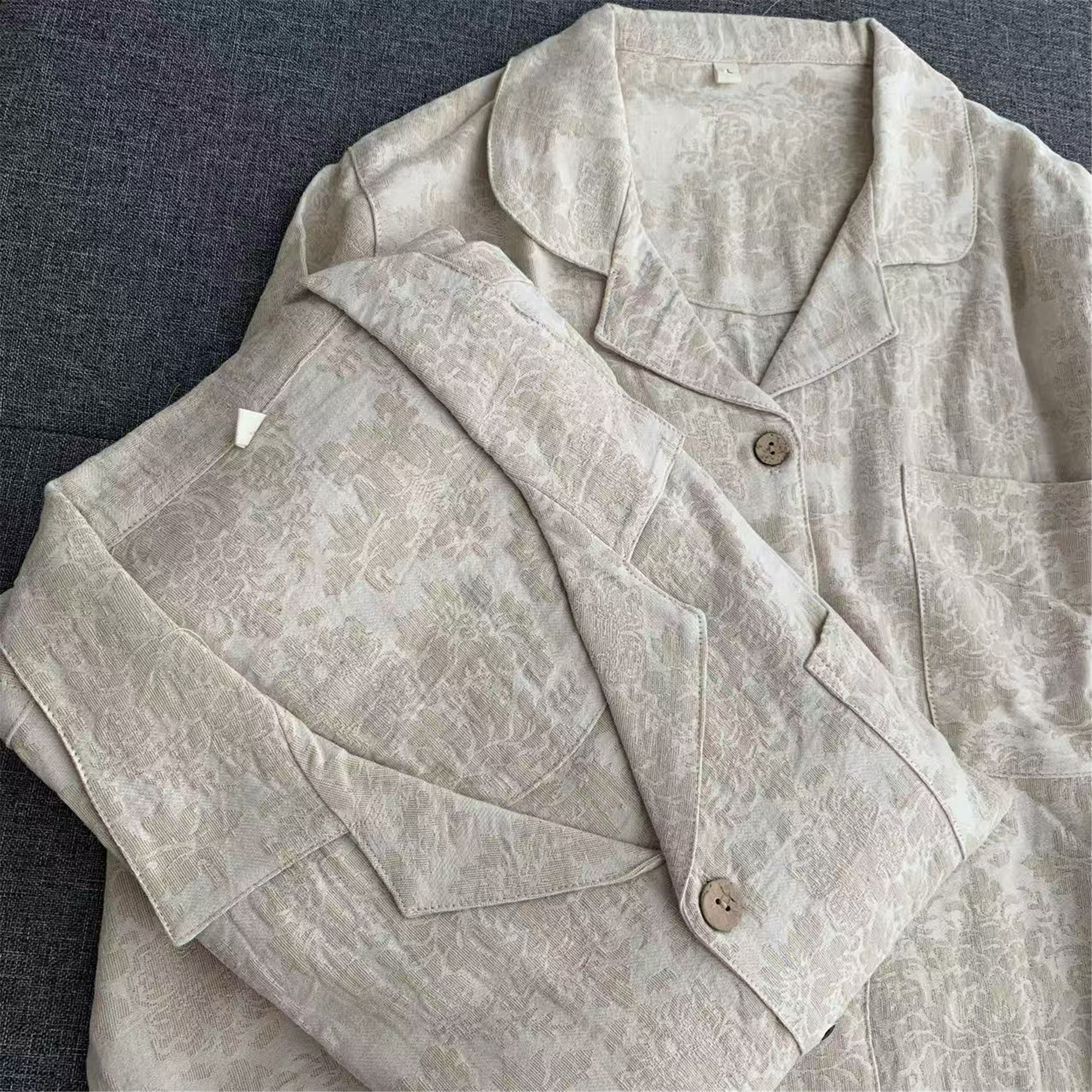 复古文艺棉麻提花情侣款睡衣