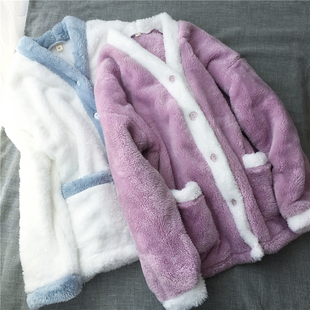 法兰绒长毛毛珊瑚绒加厚长袖睡衣绒纯色V领轻便保暖上衣冬季