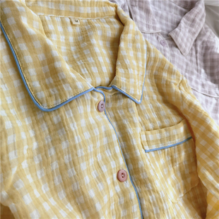 春夏秋全棉亮色格子睡衣家居服双层纱布纯棉绉布长袖套装