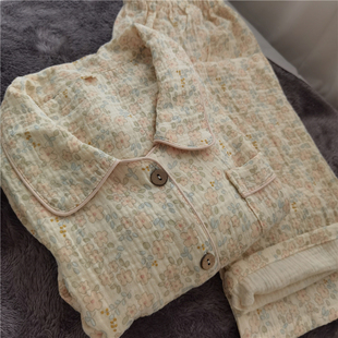 纯棉慵懒田园风双层纱布花海绉布睡衣家居服长袖长裤小翻领女春秋