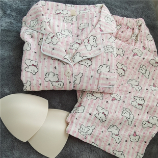 纯棉双层纱布水洗棉纱绉布春夏秋 带胸垫睡衣 家居服长袖 长裤 女款