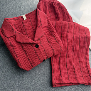 红色睡衣旺自己 ！纯棉双层纱布男女款长袖长裤春秋绉布水洗棉纱