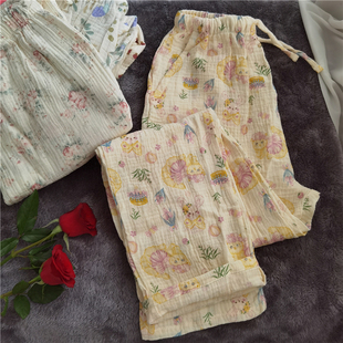 新品甜美可爱家居服睡裤子绉布长裤水洗棉纱有侧兜春夏秋女