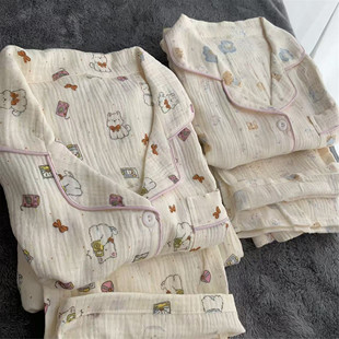 柔软绉布水洗棉纱女款可爱小狗西高地纯棉双层纱布睡衣家居服春秋