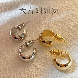 铜镀14K真金小巧实心C形豆豆耳钉S925银针小众设计高级感耳环饰品