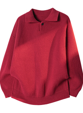 OCW潮牌 红色翻领毛衣男2026秋冬新款青少年本命年保暖套头针织衫