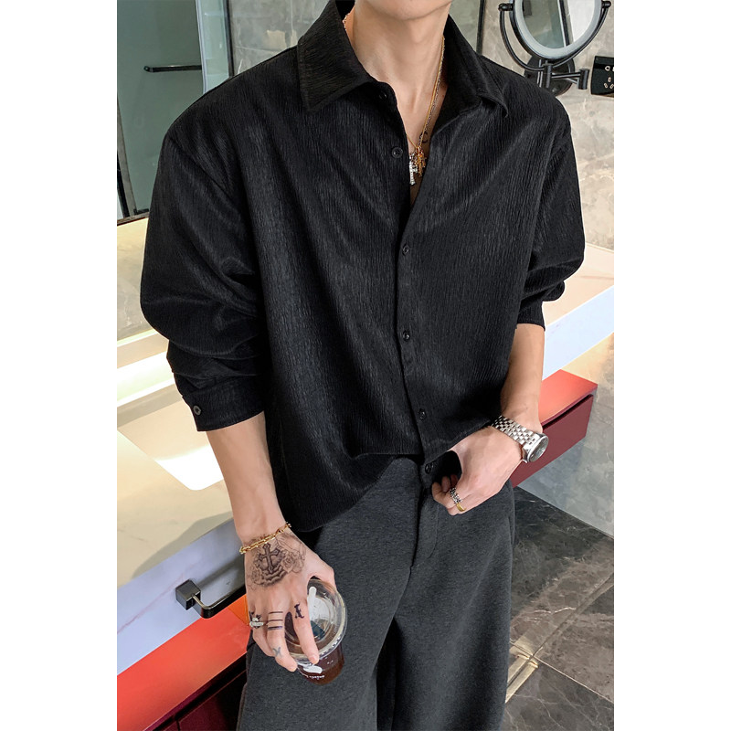 OCW潮牌 港风纹理长袖翻领衬衫男2026春季新款宽松百搭休闲衬衣潮
