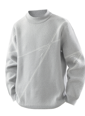 OCW潮牌 韩版复古圆领毛衣男2026秋冬新款灰色几何图案打底针织衫