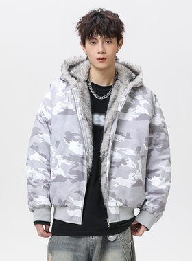 OCW潮牌 迷彩座山雕连帽毛领棉服2026秋冬新款青少年加厚保暖外套