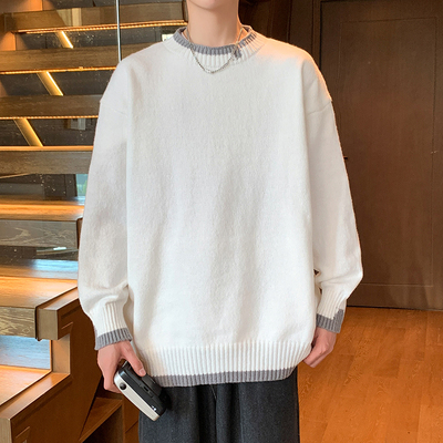 OCW潮牌 假两件拼色圆领毛衣男2025秋冬新款青少年宽松长袖针织衫