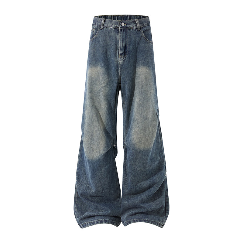 OCW潮牌 美式高街褶皱宽松阔腿牛仔裤男2026春秋新款水洗直筒长裤