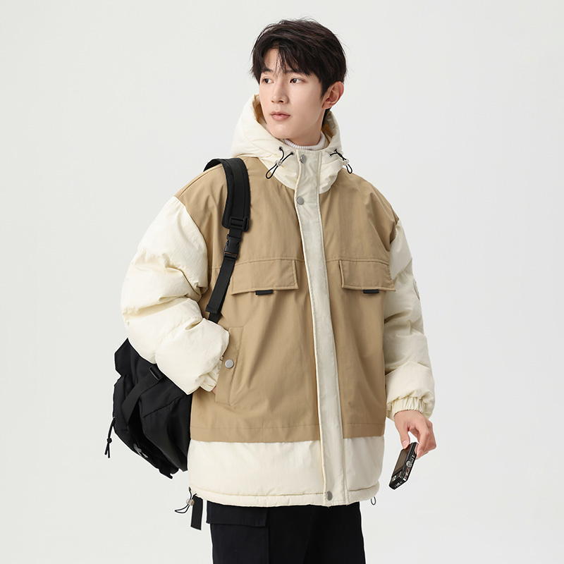 OCW潮牌 个性撞色防风连帽棉衣男2025冬季新款青少年学生保暖外套