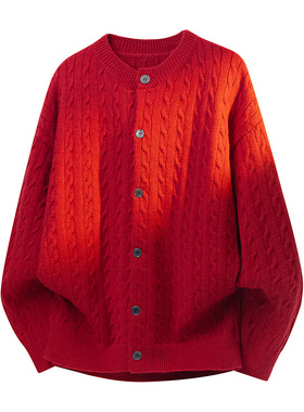 OCW潮牌 贺岁版红色麻花纹针织开衫男2026秋冬新款青少年保暖毛衣