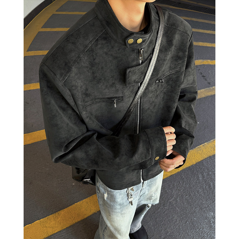 OCW潮牌 美式复古扎染立领PU皮夹克男2026春秋宽松机车风痞帅外套