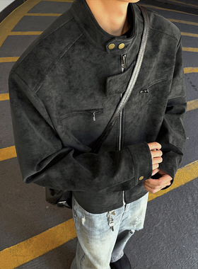 OCW潮牌 美式复古扎染立领PU皮夹克男2026春秋宽松机车风痞帅外套