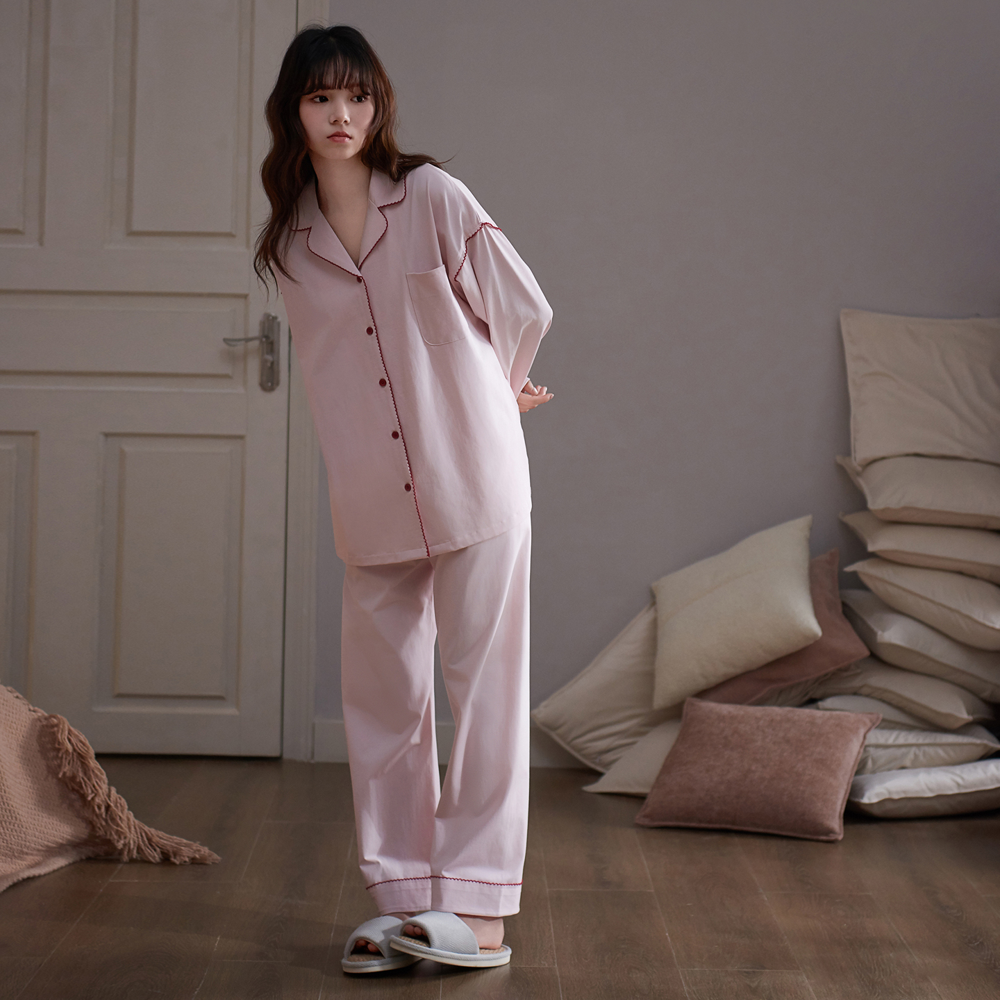 思莉太太简约粉色高级可外穿睡衣