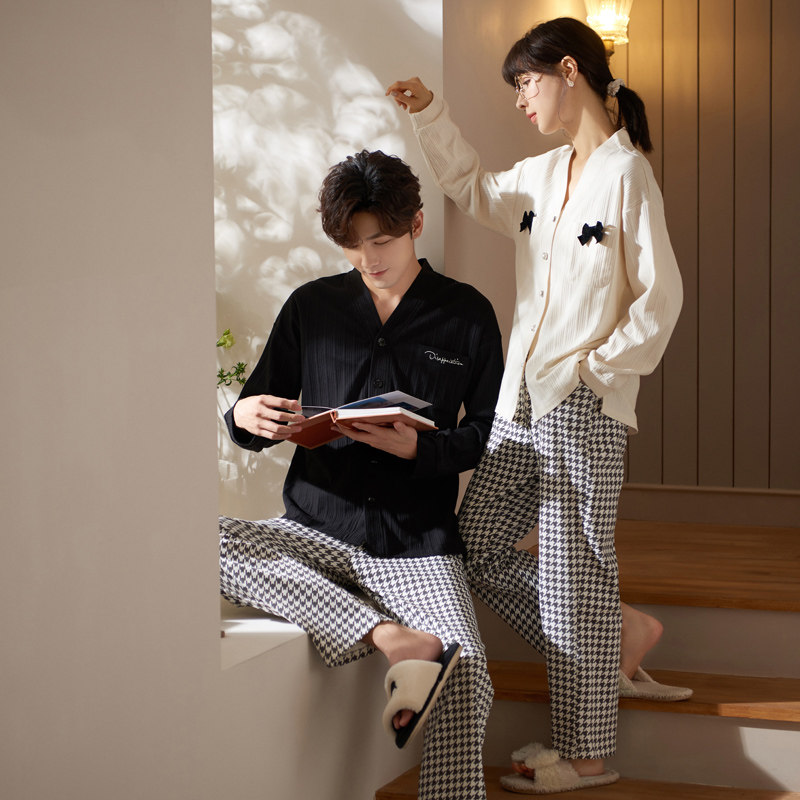 思莉太太情侣睡衣春秋款女纯棉长袖V领秋季男千鸟格可外穿家居服