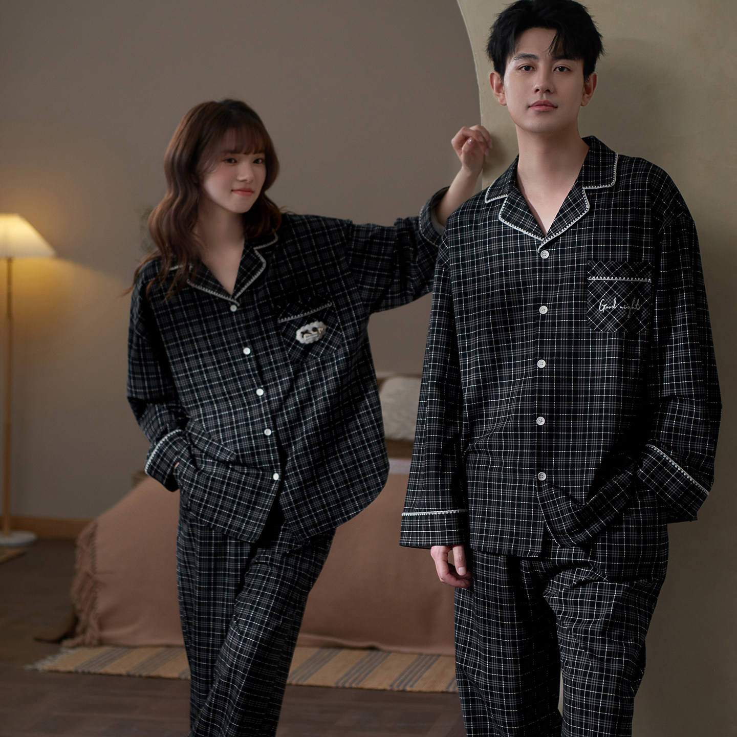 思莉太太情侣睡衣女款纯棉长袖时尚格子洋气独特可外穿男士家居服