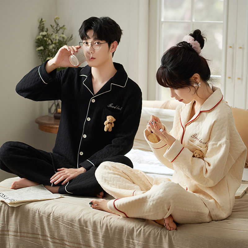 思莉太太情侣睡衣冬季女款纯棉加厚加棉秋冬夹层空气棉冬天男套装