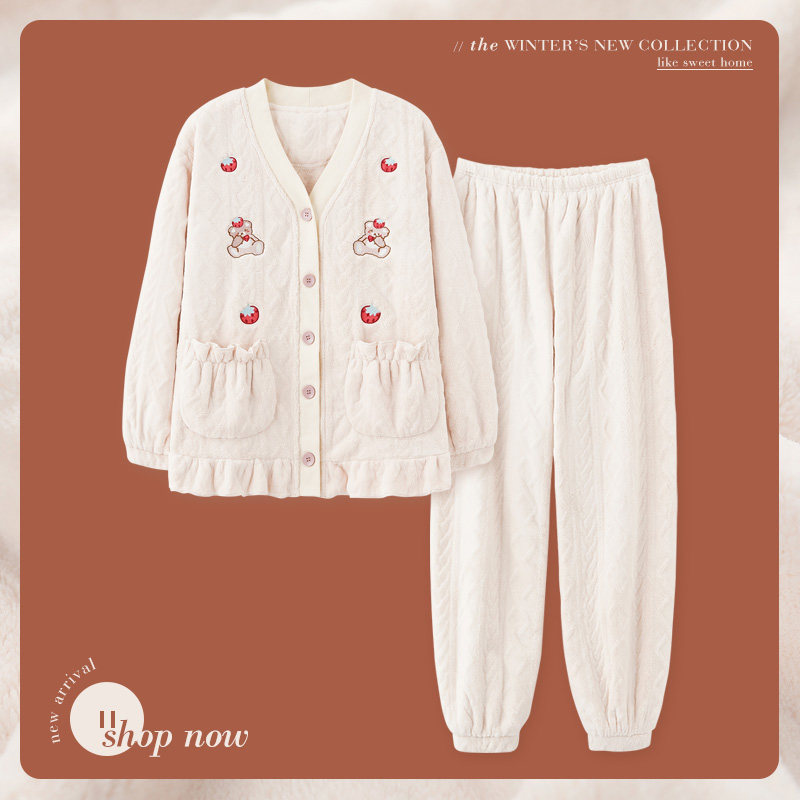 思莉太太睡衣女冬珊瑚绒加厚加绒2021年新款冬天公主风可外穿套装