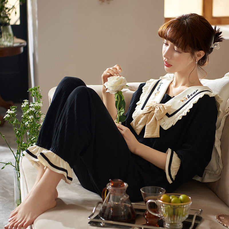 思莉太太睡衣春秋款女纯棉长袖2021年新款秋季学院风黑色冬家居服