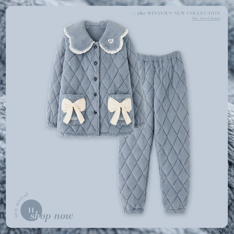 思莉太太睡衣女冬款珊瑚绒三层夹棉加厚加绒超厚保暖冬天棉家居服