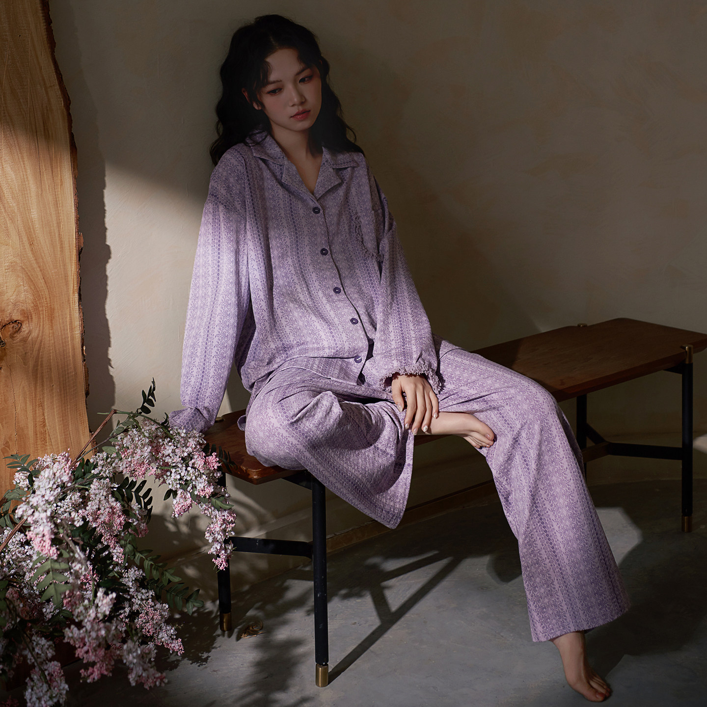 思莉太太纯棉睡衣女款春秋季长袖长裤紫色复古民族风宽松家居服