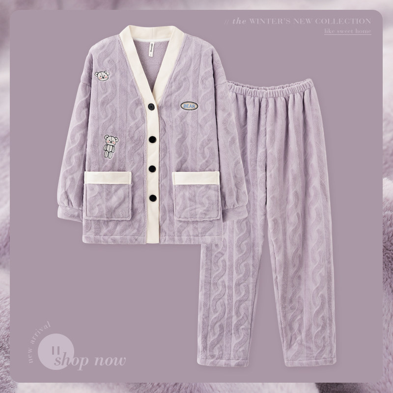 思莉太太冬季睡衣女珊瑚绒加厚V领冬季法兰绒可外穿紫色家居服