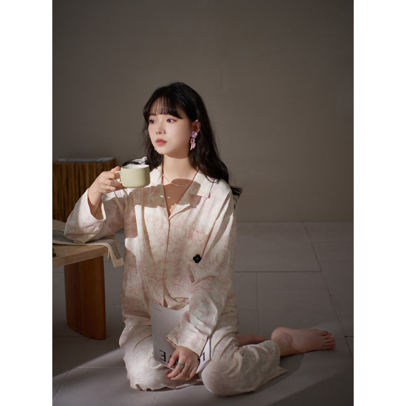 思莉太太睡衣女款春秋纯棉长袖长裤气质优雅国风印花贵妇感家居服