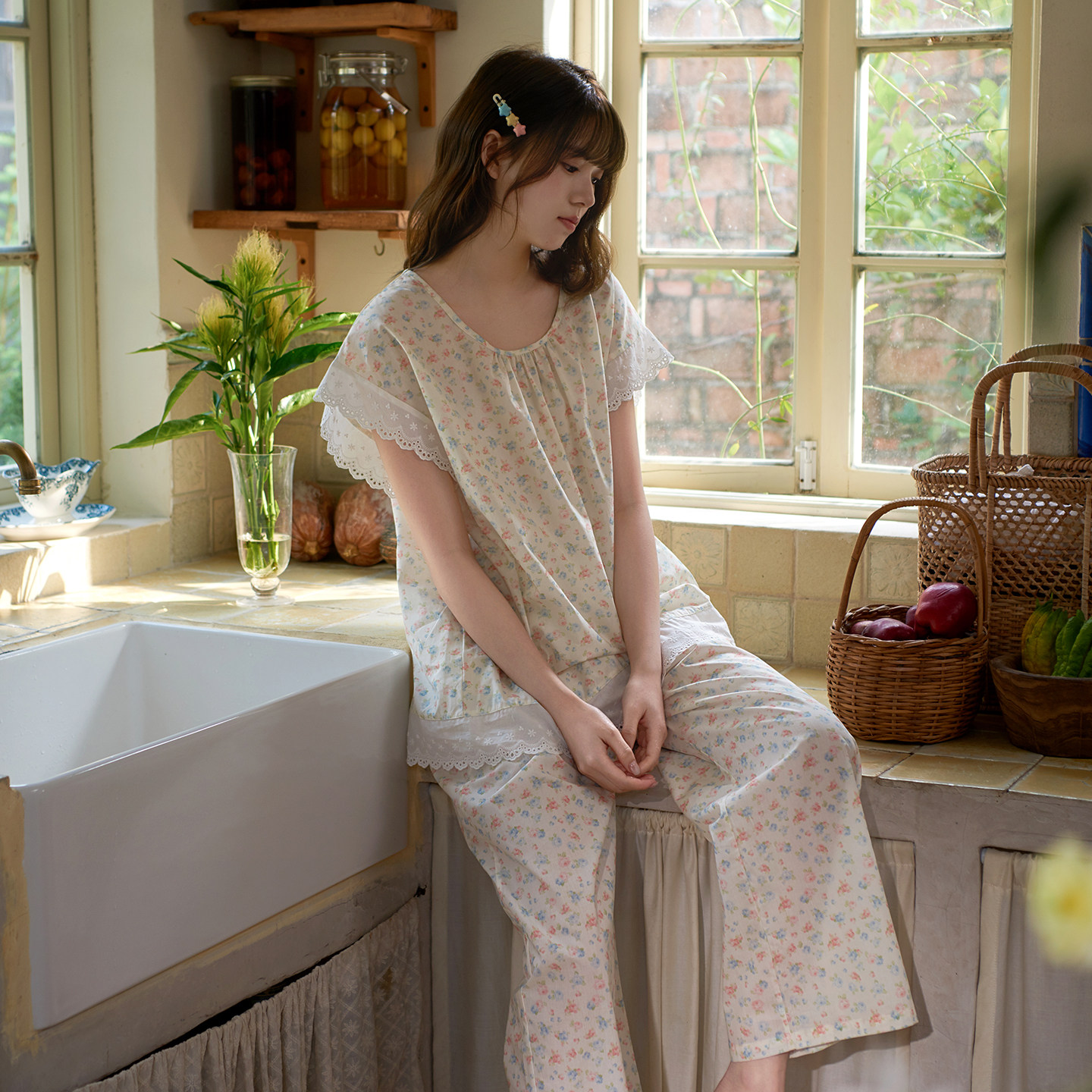 思莉太太超舒服100全棉睡衣纯棉布料女梭织短袖长裤年轻版家居服