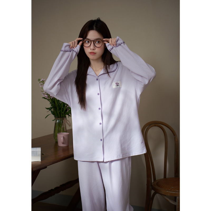 思莉太太紫色格子网红款家居服