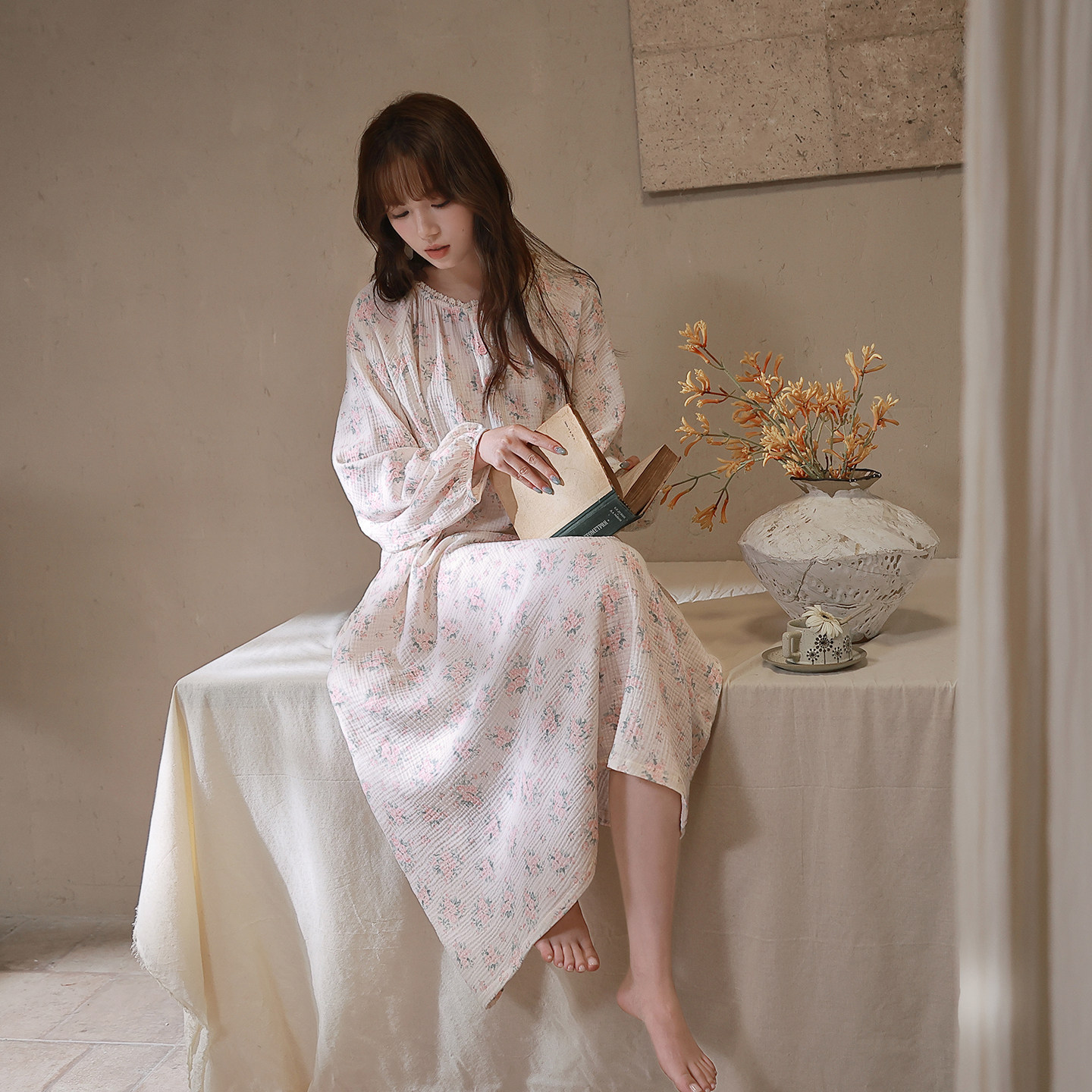 思莉太太全棉纱布春秋甜美睡裙