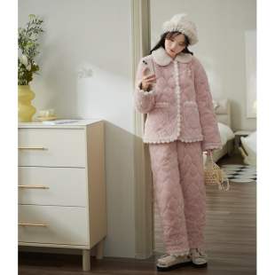 思莉太太睡衣冬季女珊瑚绒加厚加绒三层夹棉冬天超厚甜美可爱棉服