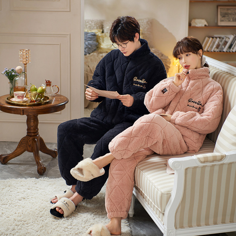 思莉太太情侣睡衣冬季女珊瑚绒三层夹棉加厚冬天男士可外穿家居服