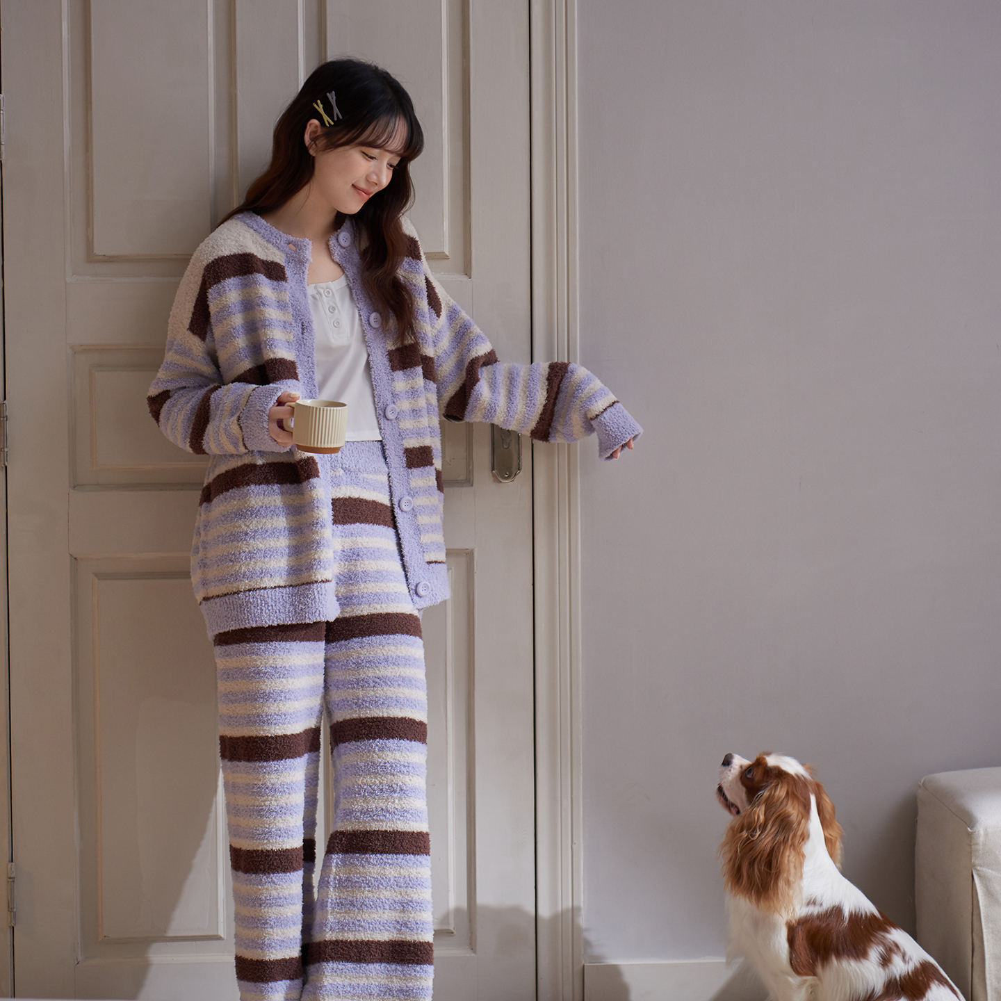 思莉太太半边绒复古开衫家居服