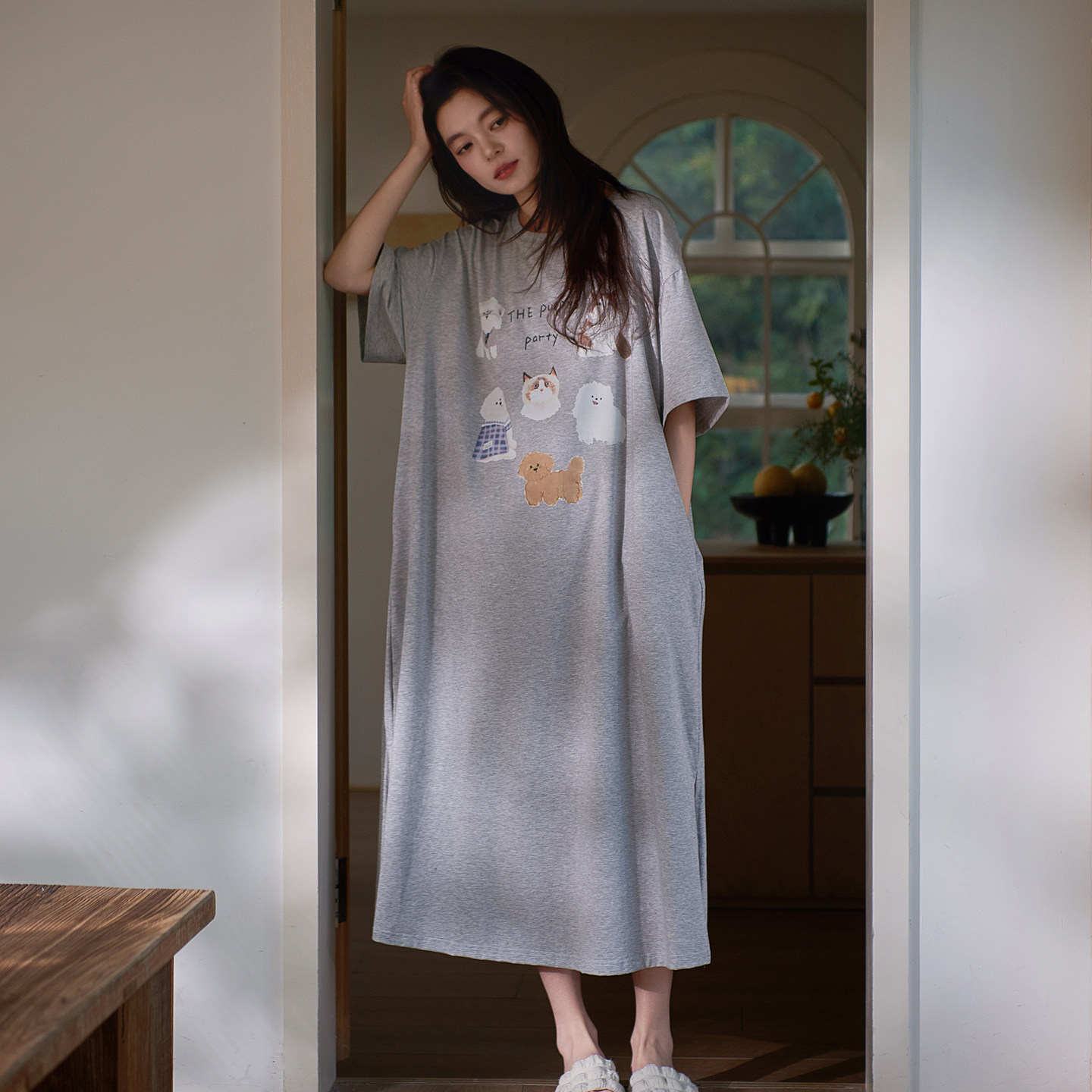 思莉太太凉感纯棉睡裙女款夏季短袖宽松夏天简单家居可外穿睡衣