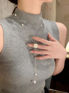 百搭山茶花长款珍珠抽拉项链女款