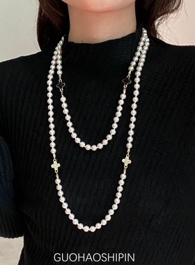 长款珍珠双层项链四叶草毛衣链女