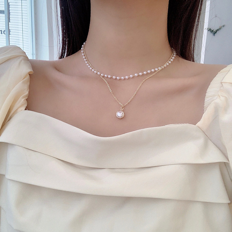 合金圆珠女仿珍珠双层项链锁骨链