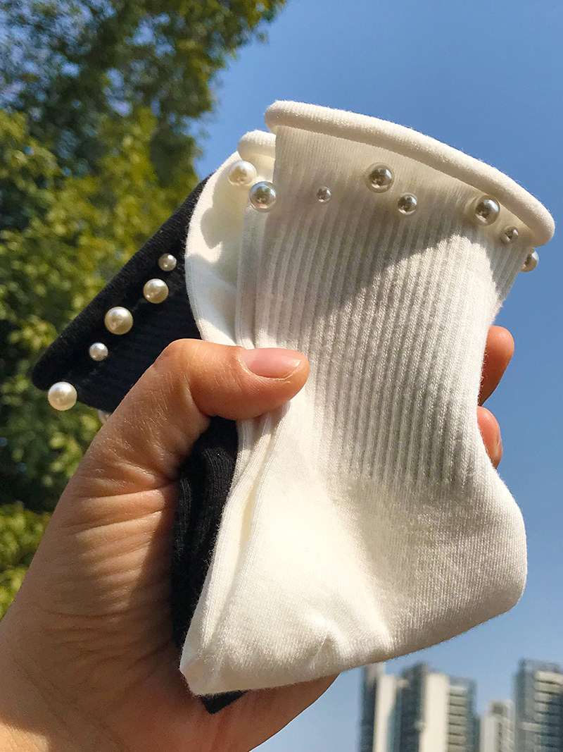百搭日系学院风减龄个性订珍珠纯色卷边堆堆袜中筒袜女ins潮袜
