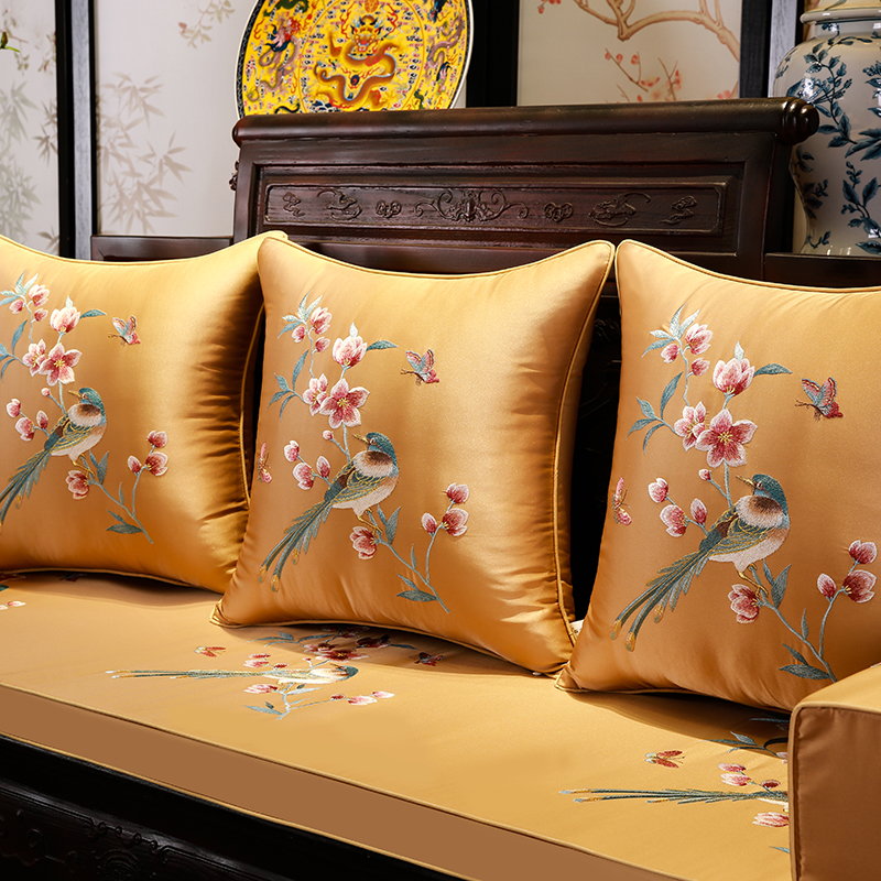 红木沙发坐垫五件套罗汉床垫高档简约绸缎刺绣海棉垫客厅家用座垫