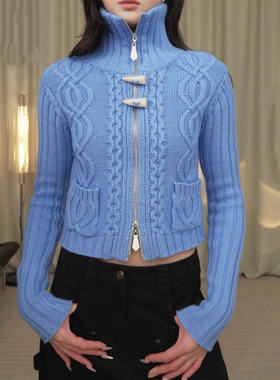 fifth 小众针织开衫女ffu羊毛混纺学院风牛角扣双头拉链绞花毛衣