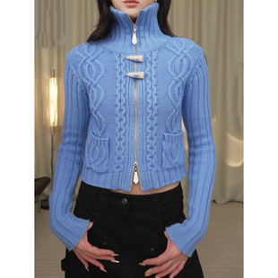 fifth 小众针织开衫女ffu羊毛混纺学院风牛角扣双头拉链绞花毛衣