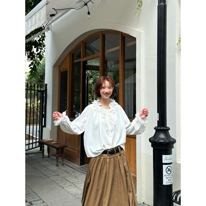 法式宫廷风荷叶边蕾丝白衬衫