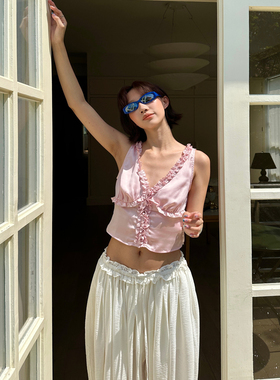 fifth 法式设计感背心女夏ffu2025新款立体褶皱木耳边 V领短上衣