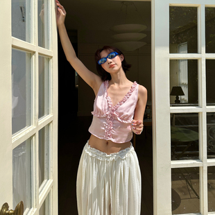 立体褶皱木耳边 设计感背心女夏ffu2025新款 V领短上衣 法式 fifth