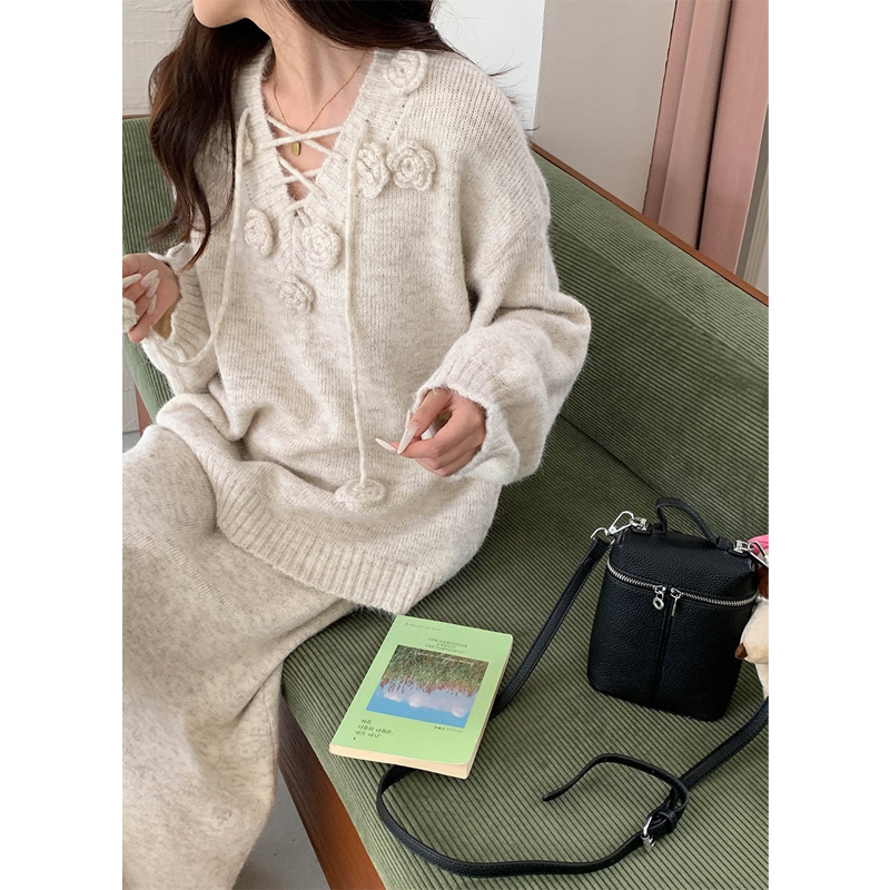 羊毛混纺花朵毛衣半身裙套装