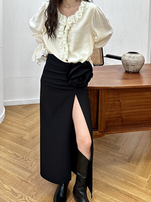 【5折清仓】设计法式半身裙女春夏可拆卸花朵不规则开叉西装长裙