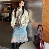 a字半裙 ffu休闲百搭拼接蕾丝气质法式 fifth 牛仔半身裙女春夏新款